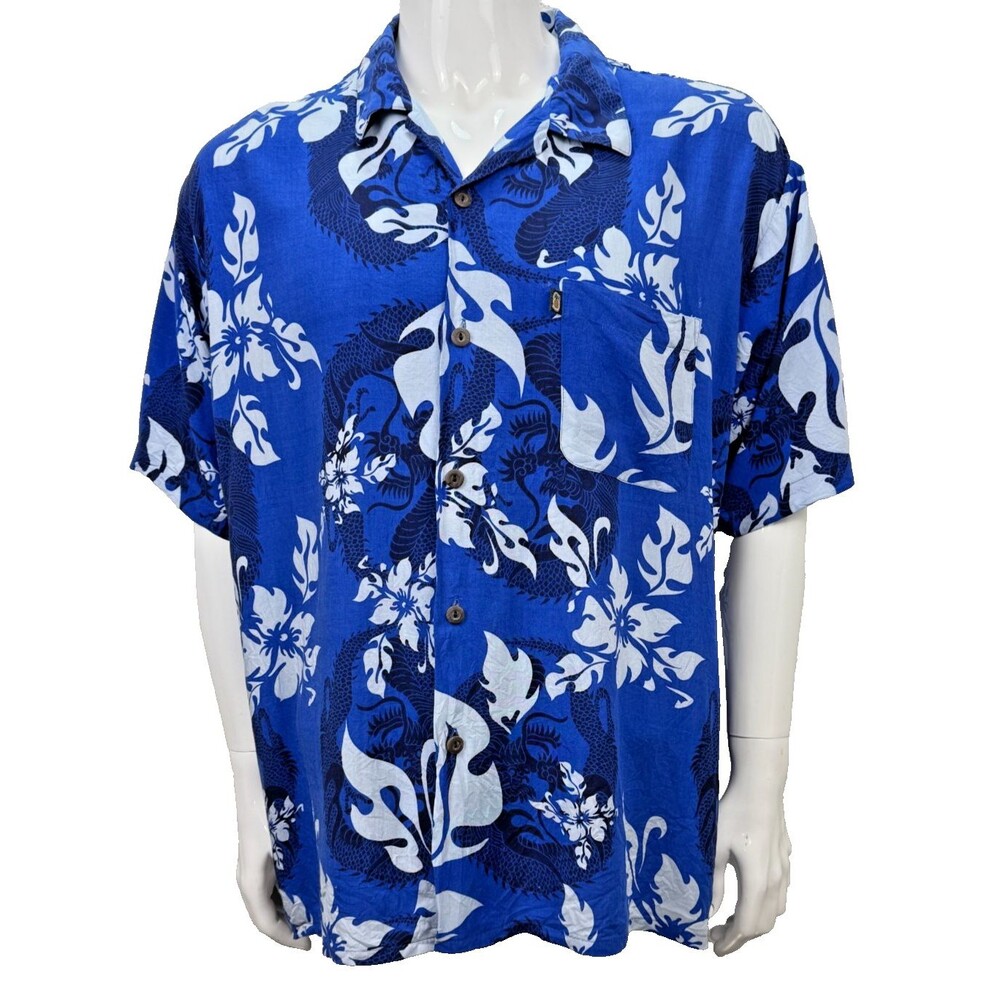 Vintage Pineapple Connections Dragon Hawaiian‎ Shirt L Blue Hibiscus Rayon Aloha